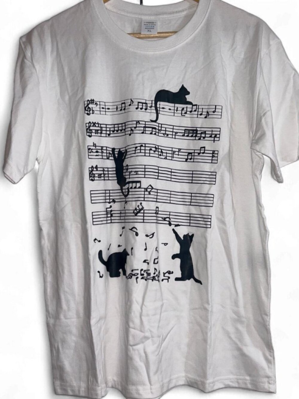 White Cat Music Graphic T-Shirt Y2K Cotton Tee XL